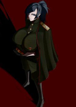 1girl absurdres army army_uniform between_breasts black_hair blue_eyes boots breasts buttons cape coat collared_jacket hat highres huge_breasts insignia jacket looking_at_viewer mafrn3_(g03s) military military_hat military_uniform on_shoulder ponytail red_background red_star russia russian_ground_forces soviet soviet_army star_(symbol) valentina_(nuclear-il2)