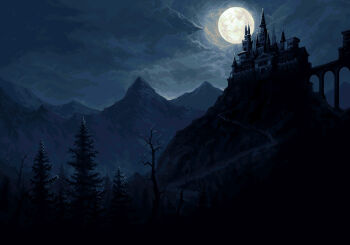 adam_ferguson bare_tree bridge castle cloud cloudy_sky commentary english_commentary full_moon moon mountain night no_humans original path pixel_art road scenery sky spire tree