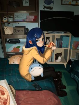 1girl :3 absurdres black_boots black_eyes black_fur black_pantyhose black_shorts blue_eyes blue_hair boots cat cellphone closed_mouth coat commentary drawing_(object) eating english_commentary english_text fangs food guantanima_ii_(shadches72) highres holding holding_food holding_pizza hood hood_down hooded_coat indoors knee_boots lamp long_hair long_sleeves looking_at_viewer looking_to_the_side monasterio_(shadches72) niko_(oneshot) on_bed on_lap one_eye_closed oneshot_(game) orange_fur original pantyhose pepperoni pepperoni_pizza phone pizza pizza_slice shadches72 shark shorts sitting smile television white_fur yellow_coat yellow_eyes