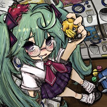 1girl ahoge aqua_hair black_eyes blush bubbacterial capsule character_doll coke-bottle_glasses confessions_of_a_rotten_girl_(vocaloid) doll drooling foreshortening gashapon glasses hatsune_miku highres holding holding_toy indoors kagamine_len loafers loose_socks messy_hair nervous nervous_sweating official_alternate_costume pigeon-toed plaid_clothes plaid_skirt saliva shirt shoes shop skirt socks solo sweat sweatdrop tomato toy twintails vocaloid white_shirt white_socks