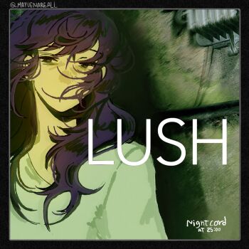 1girl album_cover_redraw album_name aqua_shirt asahina_mafuyu bags_under_eyes black_border border commentary derivative_work english_commentary floating_hair group_name hair_over_mouth half-closed_eyes highres lush_(album) mafuenareal messy_hair mitski no_mouth no_nose project_sekai purple_eyes purple_hair shirt solo twitter_username wind