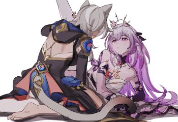 2girls absurdres animal_ears aragiken barefoot black_tiara breasts bug butterfly castorice_(honkai:_star_rail) cat_ears cat_girl cat_tail cipher_(honkai:_star_rail) clothing_cutout commentary detached_collar english_commentary flower grey_hair hair_flower hair_ornament highres honkai:_star_rail honkai_(series) insect leotard long_hair looking_at_another medium_breasts multiple_girls purple_eyes purple_hair spread_legs tail tiara very_long_hair white_streaks yuri