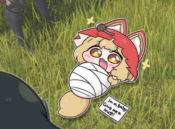 :d animal_ears arknights arknights:_endfield beleullin blonde_hair cape chibi chibi_only commentary_request ears_through_headwear endministrator_(arknights) fang female_endministrator_(arknights) highres hood hood_up hooded_cape korean_commentary open_mouth red_cape rossi_(arknights) skin_fang smile tail wolf_ears wolf_girl wolf_tail yellow_eyes