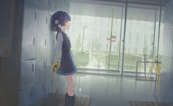 1girl absurdres blue_skirt blue_vest closed_umbrella commentary_request flower gakuen_idolmaster getabako hair_flower hair_ornament hataya_misuzu hatsuboshi_gakuen_school_uniform highres holding holding_umbrella idolmaster indoors long_sleeves pleated_skirt pulmo_(artist) purple_hair rain school_uniform shirt short_hair skirt solo standing umbrella vest white_shirt