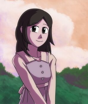 1girl azugarosu bare_shoulders brown_eyes brown_hair buttons closed_mouth cloud collarbone collared_dress dress grey_dress looking_at_viewer orange_sky original outdoors ribbon sky smile solo white_ribbon