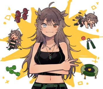 >_< 1girl :3 ahoge alternate_costume ball barbell belt bird_girl bird_tail black_skirt black_sports_bra black_thighhighs breasts brown_eyes brown_hair chibi chibi_inset closed_eyes closed_mouth collarbone commentary crossed_arms english_commentary exercising eyelashes feather_hair_ornament feathers fingernails green_belt green_shoes grey_eyes grip_trainer hair_ornament heterochromia highres indie_virtual_youtuber kumi_(vtuber) long_hair midriff mitobinyo multiple_necklaces multiple_views navel open_mouth pointy_ears push-ups running second-party_source shoes skirt smile solo sports_bra star_(symbol) tail thighhighs trampoline virtual_youtuber w weights