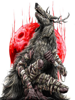 1girl animal_ears animal_hands animal_nose antlers bandage_on_knee bandaged_arm bandaged_leg bandages bandages_over_eyes black_claws blood bloodborne bloody_bandages claws full_moon furry furry_female goobber grey_fur highres horns long_hair looking_to_the_side looking_up monster monster_girl moon open_mouth red_moon sharp_teeth simple_background skinny slim_legs snout solo squatting teeth veil_over_eyes vicar_amelia werewolf white_background white_fur