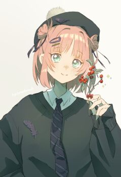 Rule 34 | 1girl, beret, berry, black necktie, black sweater, commentary request, double bun, green eyes, hair bun, hand up, hat, highres, korisumochi, looking at viewer, necktie, original, pink hair, short hair, simple background, solo, sweater, twig, upper body, white background, yuzu (korisumochi)