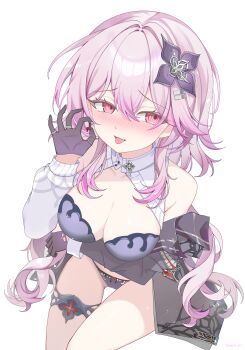 1girl :p absurdres blush bra breasts cleavage commentary_request evernight_(honkai:_star_rail) fellatio_gesture flower gloves hair_flower hair_ornament highres honkai:_star_rail honkai_(series) invisible_chair large_breasts long_hair march_7th_(honkai:_star_rail) open_mouth pachi_hsieh panties pink_hair purple_bra purple_gloves purple_panties red_eyes simple_background sitting solo thigh_strap thighs tongue tongue_out underwear very_long_hair white_background