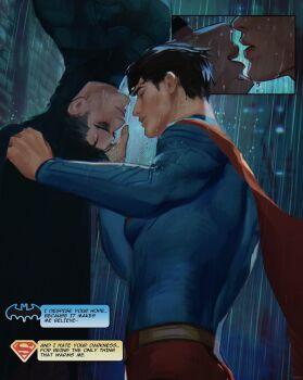 2boys batman batman_(series) batman_symbol belt black_bodysuit black_cape black_hair blue_bodysuit bodysuit boketto_x briefs cape commentary covered_abs cowboy_shot dc_comics english_commentary eye_contact eyelashes highres imminent_kiss looking_at_another male_focus male_underwear multiple_boys open_mouth outdoors pectorals rain red_cape short_hair short_sideburns sidepec speech_bubble standing superhero_costume superman superman_(series) superman_logo underwear upside-down wet wet_hair yaoi yellow_belt