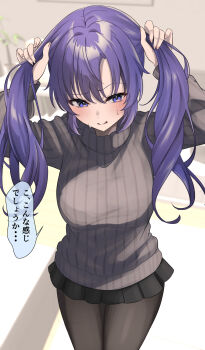 1girl absurdres alternate_costume black_pantyhose black_skirt blue_archive blush commentary_request grey_sweater hair_between_eyes highres holding holding_own_hair long_hair looking_at_viewer open_mouth pantyhose pleated_skirt purple_hair skirt solo sweat sweater turtleneck turtleneck_sweater twintails yuuka_(blue_archive) zenzen._(zenzen'ya)