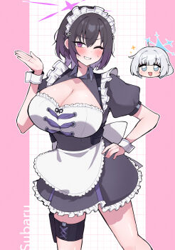 2girls black_hair blue_archive breasts grey_hair halo large_breasts legband maia_(blue_archive) maid maid_headdress multiple_girls official_alternate_costume one_eye_closed ousaka_(buppa_man) purple_eyes short_hair subaru_(blue_archive) twitter