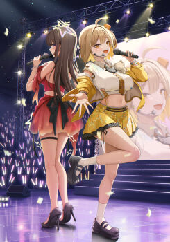 2girls absurdres ahoge anis_(nikke) anis_(star)_(t.t._star)_(nikke) bare_shoulders black_shoes blush breasts brown_hair cat_ornament closed_mouth cropped_shirt goddess_of_victory:_nikke headset high_heels highres idol idol_clothes jacket jewelry large_breasts long_hair midriff multiple_girls navel necktie official_alternate_costume open_mouth plaid_clothes plaid_necktie pretty_(nikke) purple_eyes red_shirt red_skirt screen shirt shoes short_hair skirt smile socks stage stage_lights standing standing_on_one_leg star_(symbol) teeth thigh_strap upper_teeth_only white_shirt white_socks yellow_jacket yellow_necktie yellow_skirt yusuna