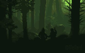 3others animated animated_gif artist_name forest green_theme hand_up multiple_others nature original outdoors pixel_art silhouette tree weilard