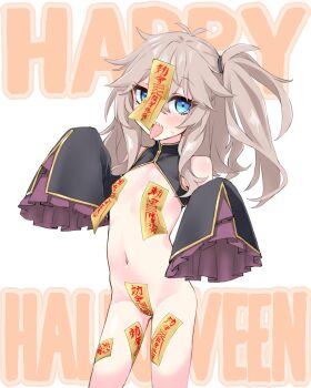 1girl black_sleeves blue_eyes blush bottomless brown_hair commentary_request detached_sleeves flat_chest halloween happy_halloween jiangshi_costume kasukabe_tsumugi long_sleeves looking_at_viewer maebari messy_hair mole mole_under_eye navel ofuda ofuda_on_nipples ofuda_on_pussy one_side_up open_mouth pasties sharp_teeth sleeves_past_fingers sleeves_past_wrists solo tateumi_ken teeth tongue tongue_out voicevox