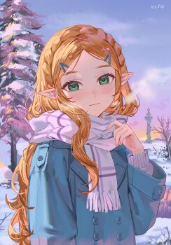 1girl absurdres adjusting_scarf alternate_costume artist_name blonde_hair blue_coat braid buttons closed_mouth coat commentary contemporary crown_braid double-breasted elfe_art green_eyes highres long_hair long_sleeves looking_at_viewer nintendo pointy_ears princess_zelda scarf snow solo the_legend_of_zelda the_legend_of_zelda:_breath_of_the_wild tower upper_body white_scarf winter
