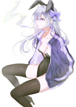 1girl absurdres ahoge animal_ears black_leotard black_thighhighs breasts cigarette cleavage covered_navel fake_animal_ears hairband hand_in_pocket hibiwa high_heels highleg highleg_leotard highres jacket leotard long_hair long_sleeves open_clothes open_jacket original playboy_bunny purple_eyes purple_jacket rabbit_ears small_breasts smoking solo strapless strapless_leotard thighhighs thighs white_hair