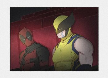 2boys anger_vein bare_shoulders belt black_belt black_bodysuit bodysuit border chair closed_mouth covered_collarbone crying crying_with_eyes_open deadpool deadpool_&amp;_wolverine deadpool_(series) facial_hair half-closed_eyes helmet looking_at_another looking_to_the_side male_focus marvel movie_theater multicolored_bodysuit multiple_boys muscular muscular_male on_chair red_bodysuit sitting streaming_tears superhero_costume tears two-tone_bodysuit upper_body white_border wolverine_(x-men) yamuoez yellow_bodysuit