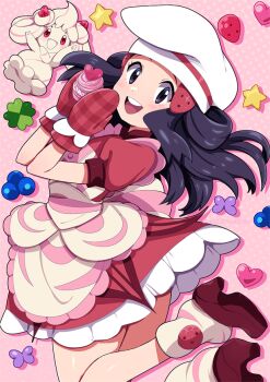 1girl alcremie apron black_eyes black_hair blush cupcake dawn_(palentine&#039;s_2021)_(pokemon) dawn_(pokemon) dress food gen_8_pokemon hair_ornament hat heart high_heels long_hair looking_at_viewer loose_socks nashirasauce nintendo official_alternate_costume open_mouth oven_mitts pink_background pink_dress pokemon pokemon_(creature) pokemon_masters_ex polka_dot polka_dot_background puffy_short_sleeves puffy_sleeves red_footwear short_sleeves smile socks teeth upper_teeth_only white_headwear