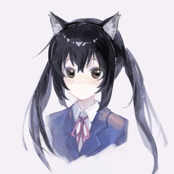 Rule 34 | 1girl, animal ear fluff, animal ear hairband, animal ears, black hair, black hairband, blue jacket, blush, brown eyes, cat ear hairband, cat ears, closed mouth, cropped shoulders, double-parted bangs, fake animal ears, hairband, highres, jacket, k-on!, long hair, looking at viewer, nakano azusa, neck ribbon, oneyife1, pink ribbon, ribbon, sakuragaoka high school uniform, school uniform, simple background, solo, twintails, white background