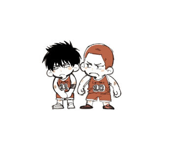 Rule 34 | >:(, 2boys, basketball uniform, black hair, buzz cut, chibi, chibi only, commentary request, elbow blush, elbow pads, full body, ikaooi1, looking at another, male focus, multiple boys, red hair, rukawa kaede, sakuragi hanamichi, shoes, short hair, simple background, single elbow pad, slam dunk (series), sportswear, standing, v-shaped eyebrows, very short hair, white background, white shoes