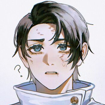 1boy ? black_hair blue_eyes chromatic_aberration code3755 commentary dirty dirty_face highres jujutsu_kaisen male_focus okkotsu_yuuta open_mouth portrait solo sweatdrop symbol-only_commentary