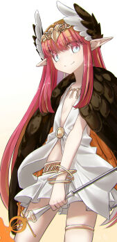 1girl armlet bare_shoulders belt blue_eyes bracelet breasts circe_(fate) circlet commentary_request fate/grand_order fate_(series) feathered_wings head_wings highres jewelry long_hair looking_at_viewer necklace pink_hair pointy_ears shirt sidelocks skirt sleeveless sleeveless_shirt small_breasts smile solo staff thighlet thighs white_shirt white_skirt wings yubeshi_(zecxl)