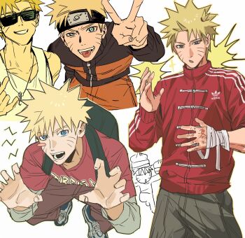 1boy backpack bag bandaged_hand bandages black_bag black_headband blonde_hair blue_eyes blush_stickers brown_pants clenched_hands cowboy_shot facial_mark from_above furrowed_brow grey_pants grey_shirt grin headband highres jacket jewelry jumpsuit konohagakure_symbol male_focus multiple_views naruto_(series) necklace nnnhhhhh19 open_mouth orange_jumpsuit pants print_shirt red_jacket red_shirt shirt shirt_under_shirt short_hair single_blush_sticker smile spiked_hair sunglasses tank_top tongue tongue_out upper_body uzumaki_naruto v whisker_markings white_background white_tank_top