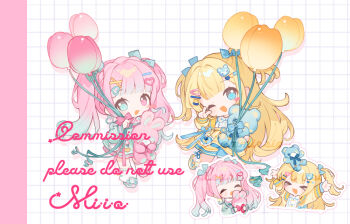 Rule 34 | > <, 2girls, :d, ;d, arin (fanfan013), artist name, balloon, blue eyes, blunt bangs, blush stickers, chibi, chibi only, collared shirt, dress, drop shadow, full body, gradient hair, green dress, green hair, green ribbon, green shoes, grid background, hair ornament, hair ribbon, heart, heart hair ornament, heterochromia, holding, holding stuffed toy, long hair, long sleeves, looking at viewer, multicolored hair, multiple girls, multiple views, one eye closed, open mouth, original, pink eyes, pink hair, ribbon, shirt, shoes, single blush sticker, skirt, smile, socks, standing, stuffed animal, stuffed toy, teddy bear, twintails, two-tone hair, watermark, white background, white shirt, white socks, x hair ornament, xd, yellow skirt