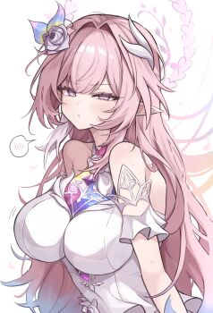 1girl absurdres alternate_breast_size_(larger) bare_shoulders breasts closed_mouth colored_tips commentary cyrene_(honkai:_star_rail) cyrene_(ripples_of_past_reverie)_(honkai:_star_rail) diamond-shaped_pupils diamond_(shape) dress flower hair_flower hair_intakes hair_ornament highres hoangryu honkai:_star_rail honkai_(series) huge_breasts long_hair looking_at_viewer multicolored_hair pink_eyes pink_hair pointy_ears purple_flower purple_rose rose sidelocks simple_background solo spoken_blush symbol-shaped_pupils upper_body white_background white_dress