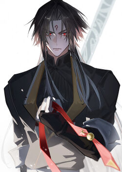 1boy bf2xuec6ow98466 black_hair black_jacket black_shirt frown glowing glowing_eyes highres holding jacket long_hair looking_at_viewer male_focus red_eyes shirt sidelocks solo upper_body white_background ye_shiyuan zenless_zone_zero