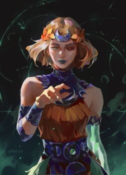 1girl ancient_greek_clothes asymmetrical_arms black_sclera blonde_hair bone bracer colored_sclera dress floating_hair glowing_arm gorget greco-roman_clothes green_eyes green_lips hades_(series) hades_2 hand_up happeh heterochromia highres laurel_crown looking_at_viewer melinoe_(hades) mismatched_sclera orange_dress red_eyes see-through_body signature skeletal_arm smoke solo upper_body wristband