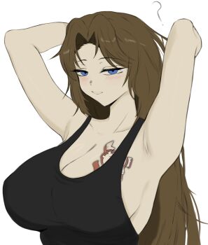 1girl absurdres armpits arms_behind_head black_tank_top blue_eyes blush breasts brown_hair covered_erect_nipples flirting heart highres large_breasts limbus_company long_hair parted_lips pmlbtmlorlc project_moon rodion_(project_moon) seductive_gaze seductive_smile smile tank_top teeth