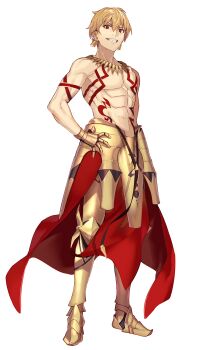 1boy absurdres armor blonde_hair body_markings commentary_request earrings fate/grand_order fate/stay_night fate_(series) full_body gilgamesh_(fate) hand_on_own_hip highres jewelry looking_at_viewer male_focus necklace red_eyes short_hair simple_background smile solo standing topless_male tsukudani_(ore624) white_background