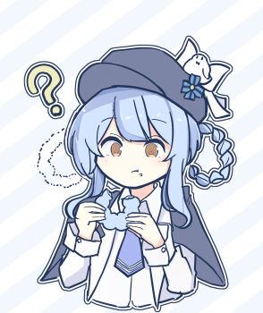 1girl ? absurdres bird_hat_ornament black_capelet blue_hair blue_necktie braid braided_hair_rings capelet deerstalker donut eating food hair_rings hat highres magical_girl mahou_shoujo_no_majo_saiban necktie pon_de_ring shirt short_hair simple_background solo sonyntendo striped_background tachibana_sherry two-tone_background white_shirt yellow_eyes