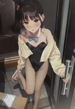 1girl :o animal_ears black_hairband black_leotard blue_bow blue_bowtie blush bow bowtie box breasts brown_shoes cardboard_box commentary_request door doorway fake_animal_ears fishnet_pantyhose fishnets hairband highres hitachi_magic_wand implied_after_masturbation leotard looking_at_viewer open_door original pantyhose playboy_bunny pov pov_doorway rabbit_ears sandals sex_toy shadow shoes small_breasts solo standing standing_on_one_leg tile_floor tiles unworn_shoes vibrator white_sandals yukiyama_momo