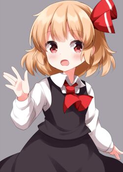 1girl \||/ ascot black_skirt black_vest blonde_hair blush collared_shirt commentary cowboy_shot grey_background hand_up highres looking_at_viewer open_mouth red_ascot red_eyes rumia ruu_(tksymkw) shirt short_hair simple_background skirt skirt_set solo touhou vest white_shirt