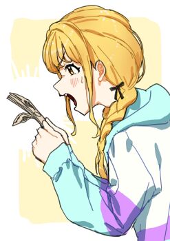 1girl banknote blonde_hair blue_jacket blush bow braid from_side fujita_kotone gakuen_idolmaster hair_bow highres holding holding_money hood hood_down hooded_jacket idolmaster jacket long_sleeves money oekakikujira open_mouth profile solo sweatdrop twin_braids upper_body v-shaped_eyebrows yellow_eyes