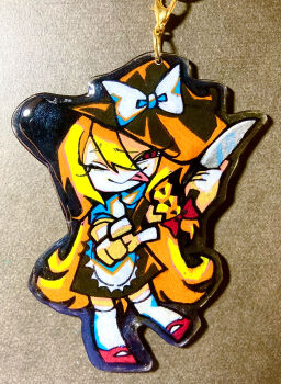 1girl :p absurdres apron black_hat black_skirt blonde_hair bow braid character_charm charm_(object) closed_mouth commentary_request cookie_(touhou) full_body hair_bow hat highres holding holding_knife kirisame_marisa knife long_hair looking_at_viewer mary_janes melanin_shikiso one_eye_closed photo_(medium) red_eyes red_shoes shirt shoes side_braid single_braid skirt smile socks solo suzu_(cookie) tongue tongue_out touhou unusually_open_eyes waist_apron white_apron white_bow white_shirt white_socks