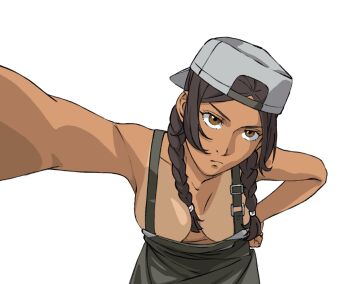 Rule 34 | 1girl, apron, backwards hat, braid, breasts, brown eyes, brown hair, closed mouth, commentary request, grey hat, gundam, gundam hathaway's flash, hat, highres, julia suga, large breasts, naked overalls, overalls, simple background, solo, tan, tanline, twin braids, yd05n