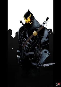 1boy 4others absurdres armor assassin batman_(series) beak black_armor black_bodysuit black_hood bodysuit commentary_request dc_comics glowing glowing_eyes goggles highres holding holding_knife knife knife_sheath male_focus mixed-language_commentary multilingual_commentary multiple_others owl_print pillarboxed sheath signature simple_background solo_focus talon_(dc) tinted_eyewear upper_body weapon weapon_wrap white_background yellow-tinted_eyewear youngno