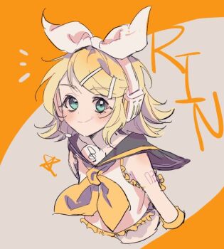 Rule 34 | 1girl, aqua eyes, blonde hair, bow, character name, hair bow, hair ornament, hairclip, headphones, kagamine rin, neckerchief, number tattoo, orange background, rong-something, tattoo, vocaloid, yellow neckerchief
