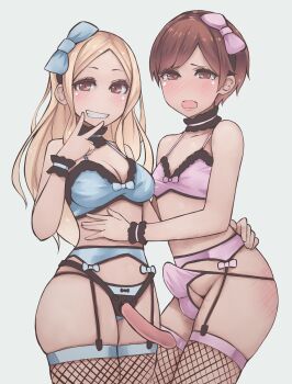 1boy 1girl blonde_hair blue_panties blush bra brown_eyes brown_hair bulge crossdressing dildo erection erection_under_clothes femdom fishnets hair_ornament hand_on_another&#039;s_hip highres kikiu_bd lingerie long_hair panties pink_panties sex_toy short_hair simple_background strap-on underwear