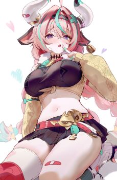 1girl ahoge animal_ears aqua_hair bell bell_earrings blush braid breasts cow_ears cow_girl cow_horns desire_(des1re) earrings genshin_impact hairband heart highres horns jewelry large_breasts long_hair looking_at_viewer multicolored_hair multicolored_hairband navel pink_hair purple_eyes single_thighhigh solo streaked_hair thighhighs twin_braids varesa_(genshin_impact) white_background white_horns yellow_sleeves