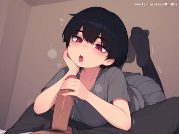 1boy 1girl bad_source black_hair collarbone commentary cum english_commentary flying_sweatdrops grey_shirt handjob hetero lying male_pubic_hair no_shoes on_stomach open_mouth pantyhose penis pleated_skirt precum protocolxmilks pubic_hair red_eyes saliva saliva_trail shirt short_hair short_sleeves skirt solo_focus uncensored