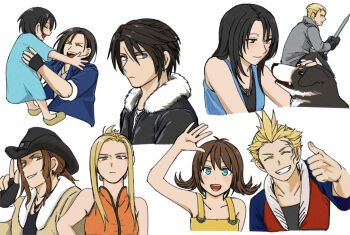 4girls 5boys angelo_(ff8) aqua_dress bare_shoulders black_gloves black_hair black_hat black_jacket black_pantyhose black_shirt blonde_hair blue_cardigan blue_eyes blue_jacket blue_sleeves breasts brown_coat brown_hair cardigan child closed_mouth coat commentary_request cowboy_hat dog dress earrings ellone facial_tattoo father_and_daughter final_fantasy final_fantasy_viii fingerless_gloves fur-trimmed_jacket fur_trim gloves grey_coat grey_eyes grin hair_between_eyes hair_slicked_back hand_on_own_hip hand_up hat irvine_kinneas jacket jewelry laguna_loire medium_breasts multiple_boys multiple_girls necklace open_mouth orange_vest overalls pantyhose parted_bangs parted_lips quistis_trepe red_jacket ring ring_necklace rinoa_heartilly s_m_man scar scar_on_face scar_on_forehead seifer_almasy selphie_tilmitt sharp_teeth shirt short_hair sleeves_rolled_up smile squall_leonhart straight_hair tattoo teeth thumbs_up updo upper_body vest waving white_background white_shirt yellow_overalls zell_dincht