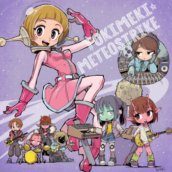 2boys 6+girls alien amplifier android antennae arched_back artist_name belt black_belt black_hair black_jacket black_pants black_shoes blonde_hair blue_jacket blue_necktie blue_shirt blue_shorts bodysuit bodysuit_under_clothes boots bored bra_strap breasts brown_eyes brown_hair closed_mouth collared_jacket colored_skin commentary daidouji_akane dress drum drum_set drumsticks electric_guitar english_text fishbowl_helmet gloves glowing glowing_eyes green_eyes green_skin green_socks guitar head_rest headphones highres holding holding_drumsticks holding_instrument instrument iwao_kanata jacket kanzaki_ryouko kiichi kujo_chiharu kurt_cramer kurusu_makina_(milky_galactic_universe) long_hair long_sleeves looking_at_another looking_to_the_side loose_socks max_mccalister mechanical_arms mechanical_legs medium_hair metal_jaw meteor milky_galactic_universe milky_subway milky_☆_subway:_the_galactic_limited_express minase_minami multiple_boys multiple_girls music necktie off-shoulder_sweater off_shoulder open_mouth pants parted_lips piano pink_boots pink_dress pink_eyes pink_gloves playing_guitar playing_instrument pointy_ears police police_badge police_uniform policewoman ponytail purple_shoes purple_tank_top recording_studio red_eyes red_jacket red_skin reel-to-reel_tape_recorder shirt shoes short_hair shorts signature sitting sleeveless sleeveless_dress sleeves_past_wrists smile sneakers socks standing star_(symbol) sweater tambourine tank_top tape_recorder white_bodysuit white_gloves white_sweater yellow_eyes yellow_shirt zipper_pull_tab