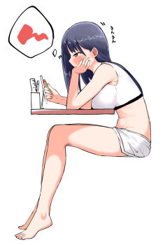 1girl barefoot black_hair boku_no_kokoro_no_yabai_yatsu breast_rest breasts breasts_on_table brown_eyes cosmetics cup dolphin_shorts from_side highres holding holding_lipstick_tube large_breasts lipstick_tube long_hair pen ruler shorts solo speech_bubble sports_bra table thought_bubble unai_suken white_shorts white_sports_bra yamada_anna
