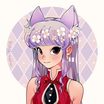 1girl animal_ears cat_ears china_dress chinese_clothes double_bun dress flowers_in_hair hair_bun long_hair looking_at_viewer purple_hair ranma_1/2 shampoo shampoo_(ranma_1/2) sidelocks simple_background