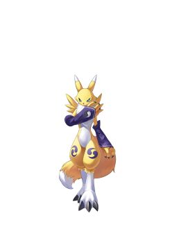 Rule 34 | black sclera, blue eyes, body fur, colored sclera, digimon, digimon alysion, digimon card game, full body, highres, kitsune, non-web source, official art, renamon, simple background, solo, transparent background, yellow fur
